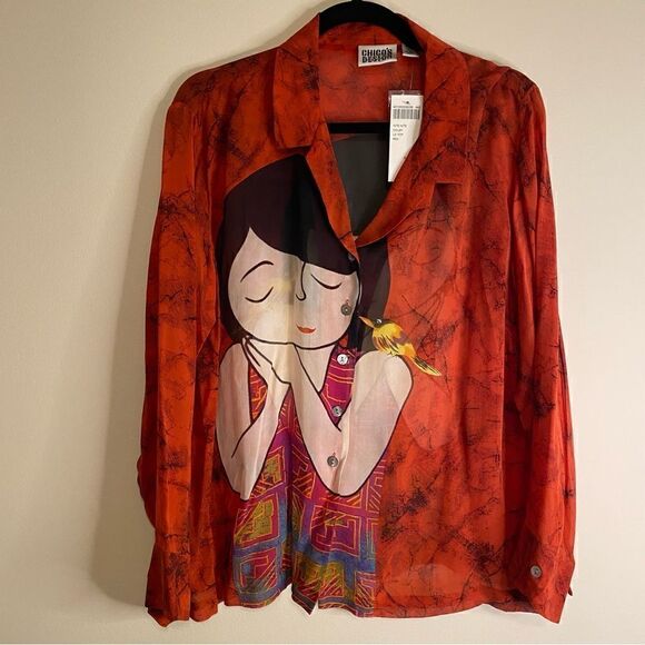 Chico’s Red Silk Graphic Asian Print Blouse Size Large NWT - Picture 6 of 11